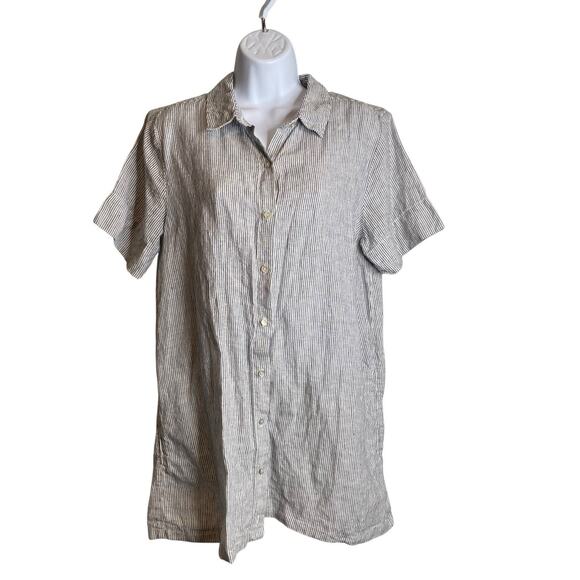 Tahari Women's Gray Pinstriped Linen Short Sleeve Button Up Shirt Size L Coastal - Picture 1 of 10